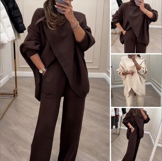 Dwuczęściowy zestaw damski składający się z luźnego swetra i spodni