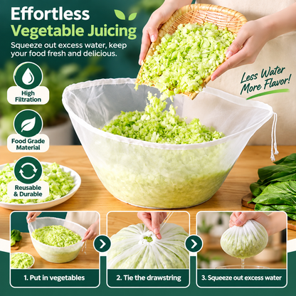 🔥🥬50% OFF NOW! No-Mess Fine Mesh Nylon Strain Bag – Reusable Food Filter Bag for Squeezing Vegetable Water, Straining Juice, Nut Milk & Dumpling Filling, Drawstring Food Strainer Bag for Kitchen
