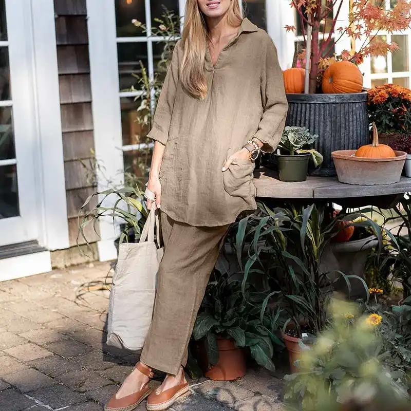 Elegancki, dwuczęściowy zestaw damski z bawełny i lnu w stylu vintage, składający się z bluzki z długim rękawem i spodni