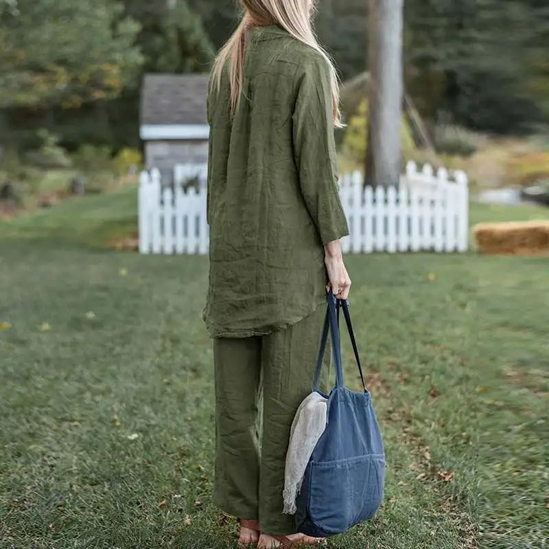 Elegancki, dwuczęściowy zestaw damski z bawełny i lnu w stylu vintage, składający się z bluzki z długim rękawem i spodni