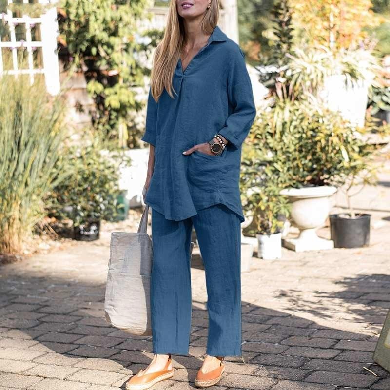 Elegancki, dwuczęściowy zestaw damski z bawełny i lnu w stylu vintage, składający się z bluzki z długim rękawem i spodni