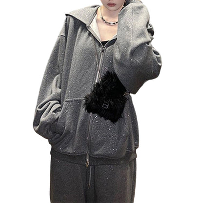 Damski komplet z brokatem: bluza z kapturem na zamek błyskawiczny i szerokie spodnie