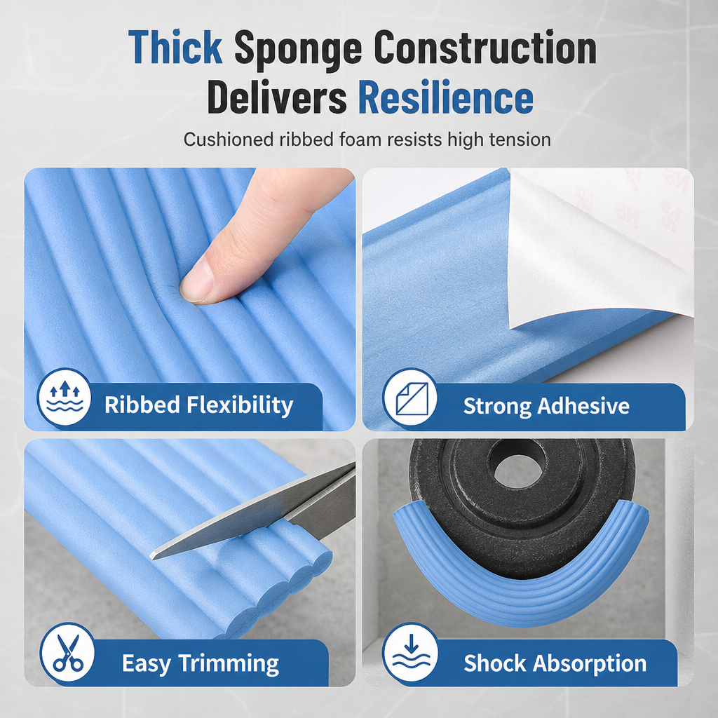 Close-ups of blue ribbed foam compressing, self-adhesive backing, scissors and foam wrapped around a round object