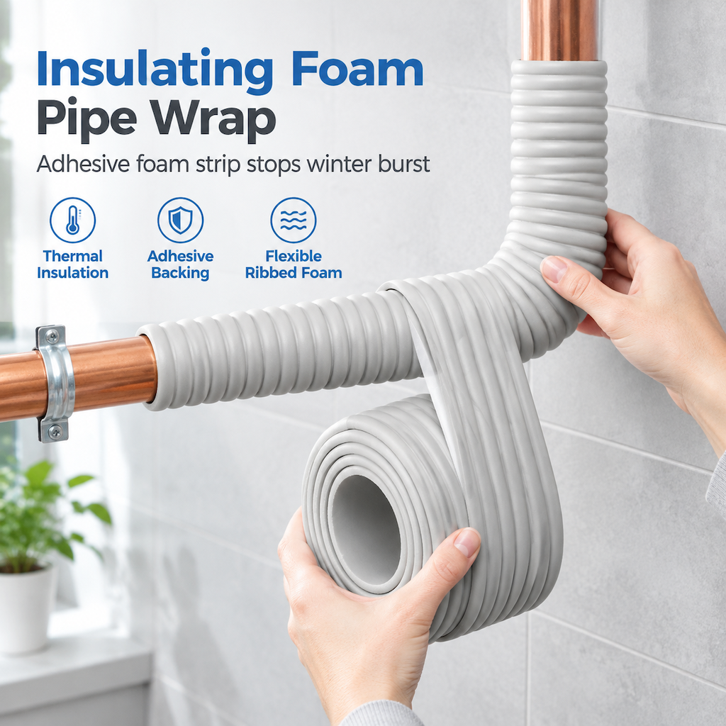 Person wrapping flexible gray foam insulation onto an exposed copper pipe near a bend