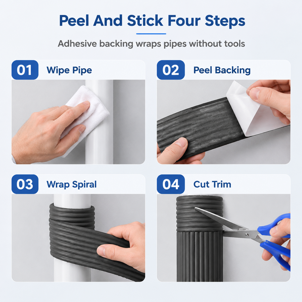 Four photo steps: wipe pipe, peel backing, wrap foam spirally and cut to length