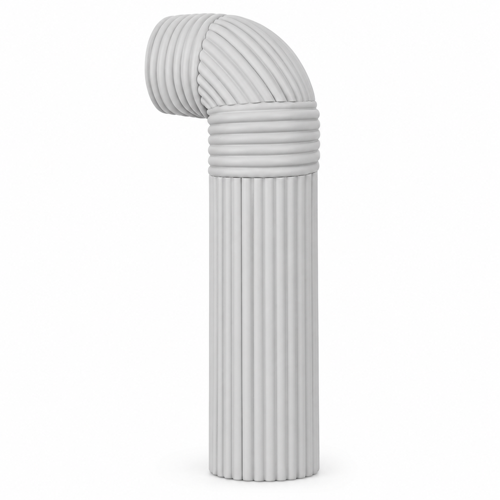 Gray ribbed self-adhesive foam pipe wrap shown bending around a right-angle pipe