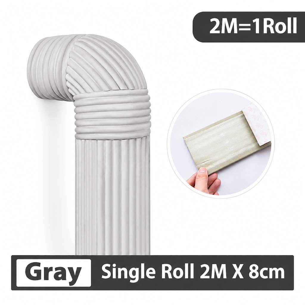 Gray foam pipe insulation roll with label stating one roll measures 2 meters by 8 centimeters